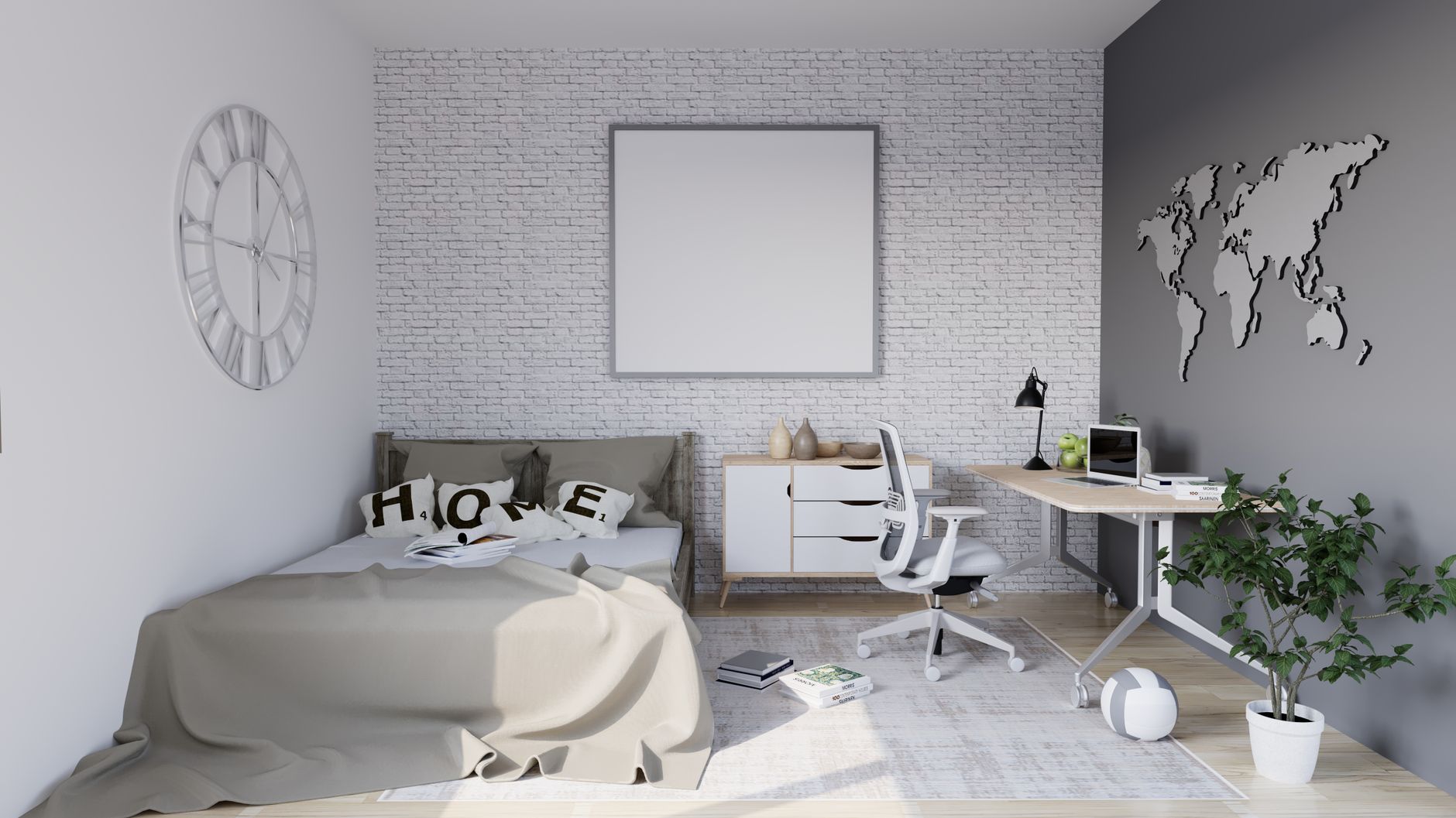 Bright modern minimalist bedroom featuring a desk workspace, bed, and decor accents. Perfect for home interior inspiration.